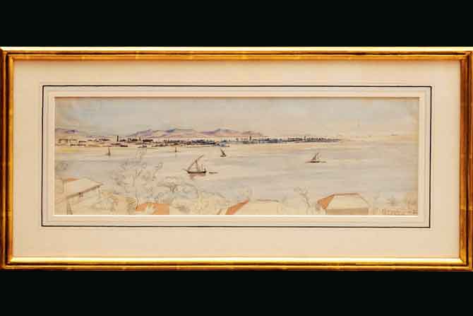 Old Mumbai by AH Walker, a watercolour panorama of Bombay harbour