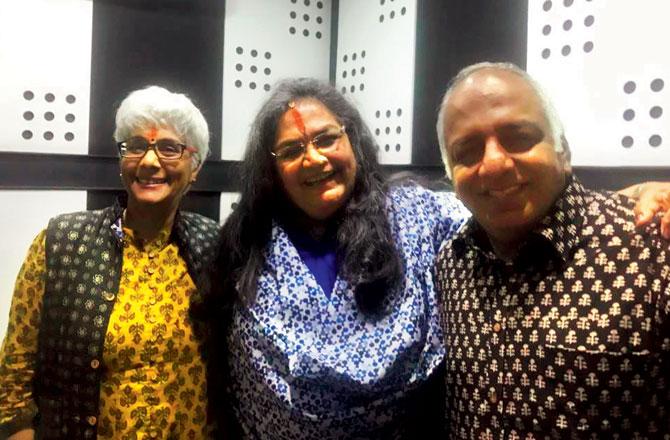Uthup with Karadi Tales co-founders Shobha Viswanath and Narayan Parasuram while recording Karadi Rhymes 3 last December