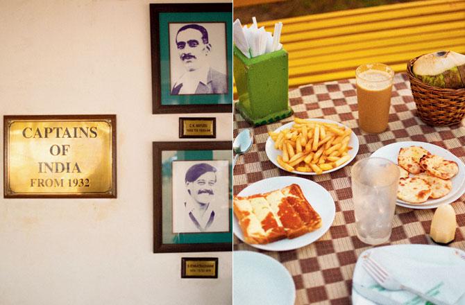 Frames featuring the captains of the Indian cricket team, at the Cricket Club of India; (right) Snacks at Breach Candy Club, which the duo say is the most chilled out club of the lot. Pics/Mallika Chandra