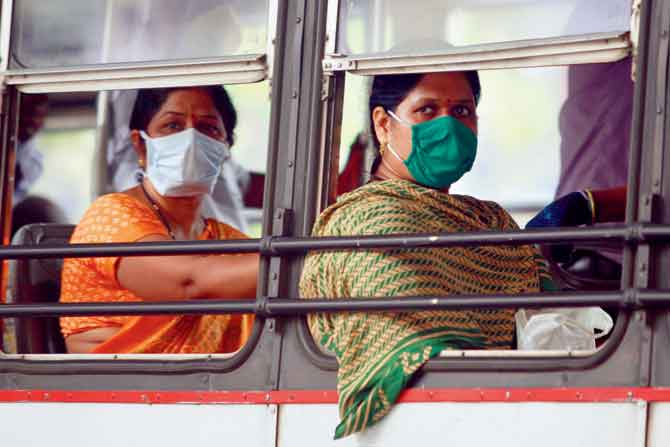 People wearing masks seen on a BEST bus. PIC/ASHISH RAJE