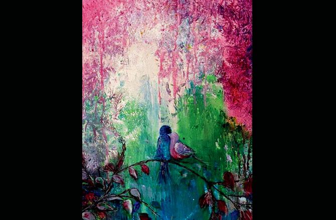 Nin Taneja gifted a painting of two birds sitting together, using a colourful palette to the newly-wed couple