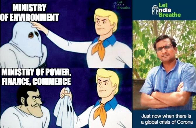 One of the many memes put out by the protesting collective against EIA 2020; (right) Shashi Sonawane, Bhumi Putra Bachao Andolan, in a video grab from Voices of India where people across India discuss why they want EIA 2020 withdrawn
