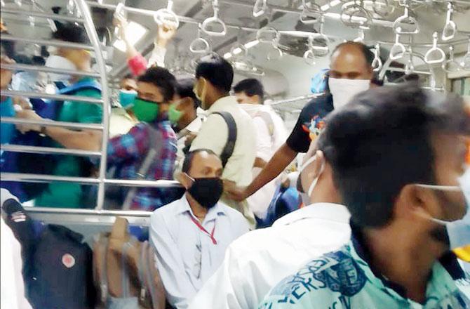 Passengers say that while things are organised at stations, social distancing is forgotten inside trains