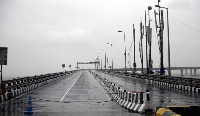 In photo: Mumbai's icionic landmark the Bandra-Worli Sea Link (BWSL) wore a deserted look as cyclone Nisarga brushed past Mumbai's coastline.