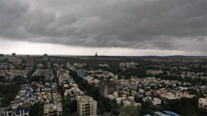 The Colaba weather station of the Indian Meteorological Department (IMD) recorded 50 mm rainfall, while the Santacruz station registered 47 mm rainfall in Mumbai.
In pictures: Dark clouds over the Mumbai skyline. 