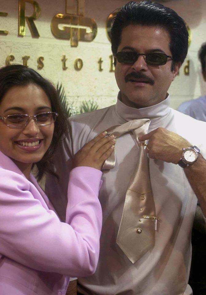 Glitz and glamour! Anil Kapoor and Rani Mukerji pose with ornamental tie-pins at a jewellery shop in Calcutta in 2001. Kapoor unveiled the latest collection of men's jewellery made by a leading men's jewellery company. The duo collaborated for their film Calcutta Mail and Nayak: The Real Hero earlier.