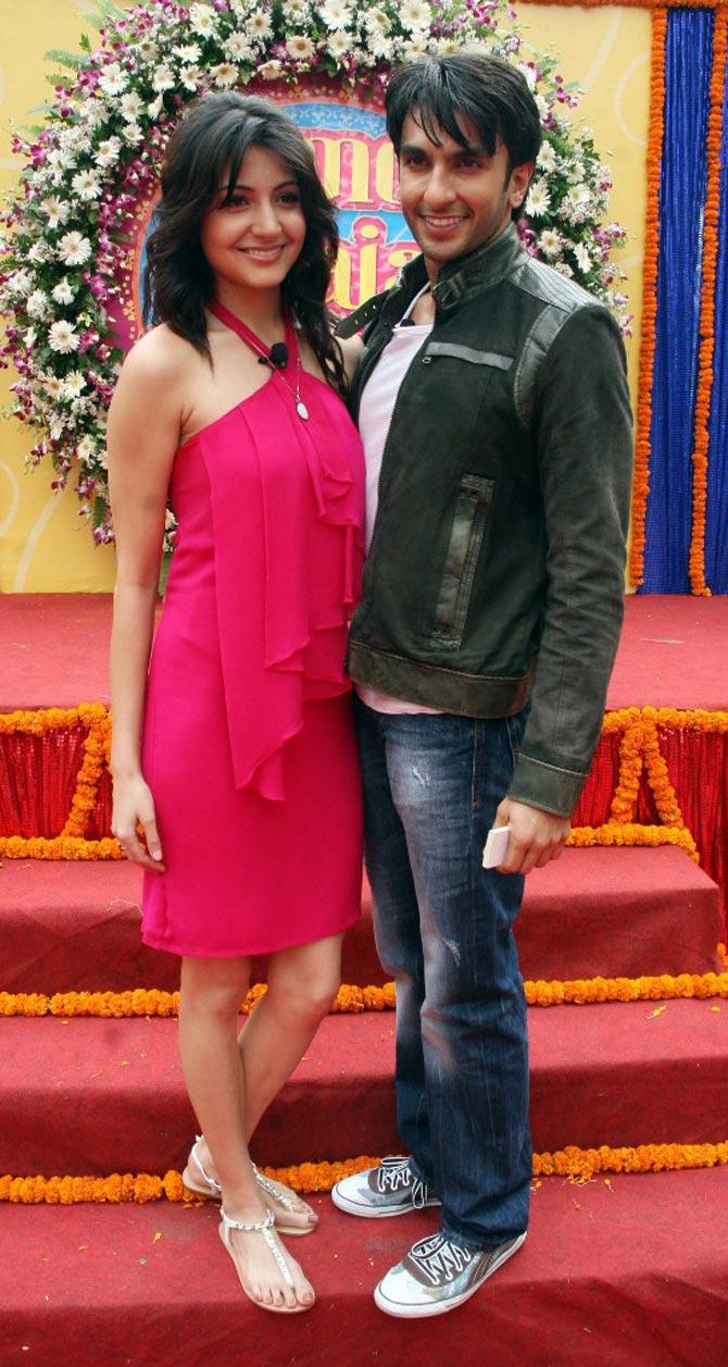 Ranveer Singh's first promotional event of his debut: Anushka Sharma and Ranveer Singh pose during a promotion of their film Band Baaja Baaraat in Mumbai on October 19, 2010. The jodi once again reunited for Ladies Vs Ricky Bahl and later with Zoya Akhtar's Dil Dhadakne Do.