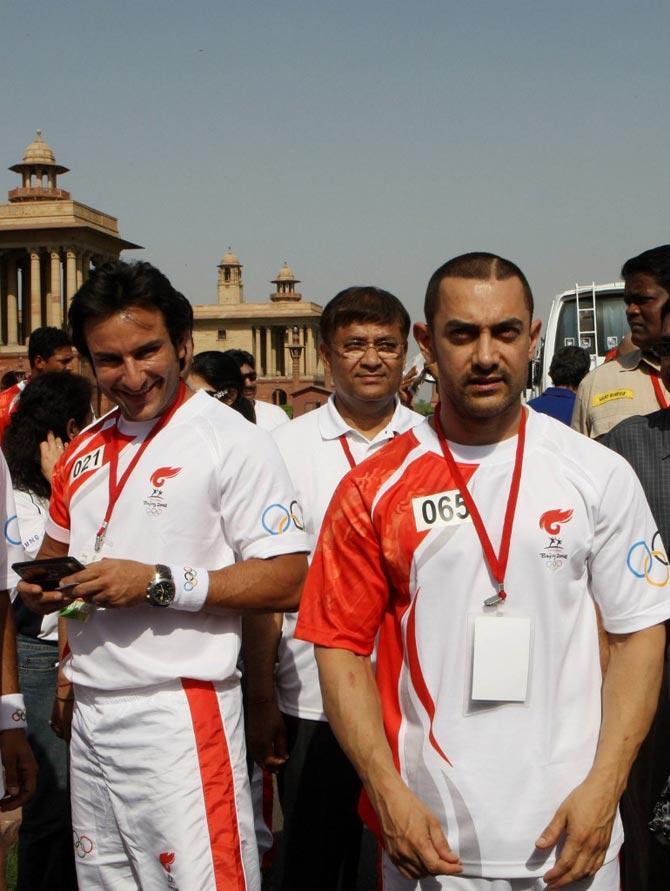 Saif Ali Khan and Aamir Khan: Saif Ali Khan and Aamir Khan, who collaborated in the past with the hit film Dil Chahta Hai in 2001, attended the Olympic Torch relay event in New Delhi on April 17, 2008. Aamir can be seen in his Ghajini look, which was slated to release in December, that year.