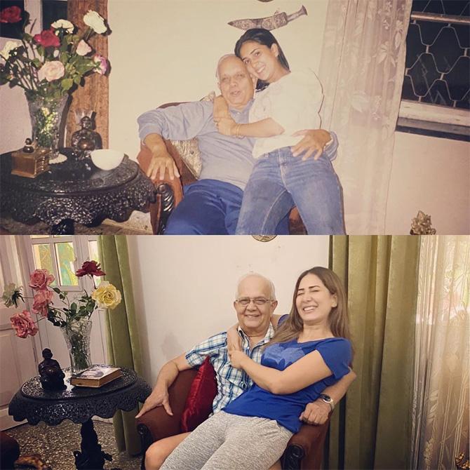 Kim Sharma recreated an old memory with her father and posted the picture, where she is seen sitting on her father's lap, giving a wide smile! She wrote in the caption, 