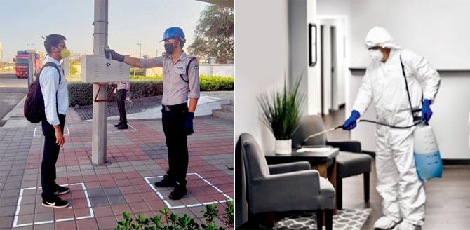 If visitors are allowed into an office, they should also go through thermal screening or temperature checks, like at this Godrej and Boyce facility; (right) all points of common contact in the office should be disinfected 
