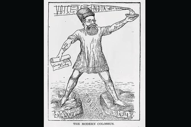 Naoroji depicted as a colossus straddling England and India, indicating his dual roles as a British MP and an Indian representative. Review of Reviews New York, October 1892, p. 279. Reproduced from Thomas Cooper Library, University of South Carolina. He had faith in British justice and that they would see their wrongs and remedy them. Many junior radicals, like Bal Gangadhar Tilak and Bipin Chandra Pal, criticised Naoroji for this faith and urged him to let it lapse. But Naoroji had great faith in India and that given the chance, the country would rebound economically, educationally and politically