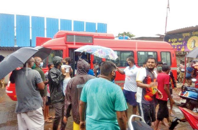 Residents board a BEST mini bus for Ritambhara College on Wednesday