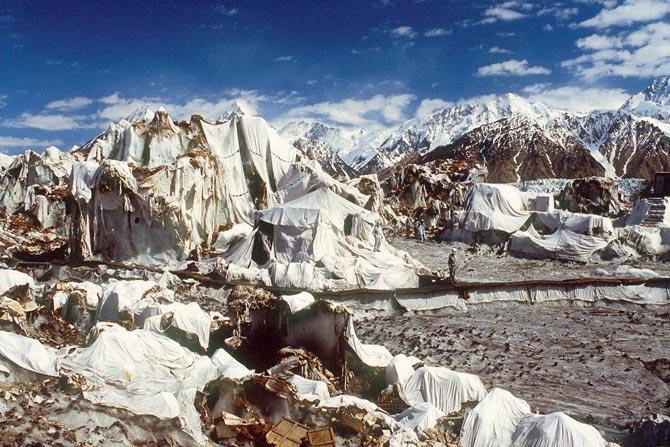 A forward camp of the Indian army in July 1991 at 16,000 feet (upper part of glacier) and 45 miles up on a 75 mile Siachen Glacier. REPRESENTATION PIC/AFP