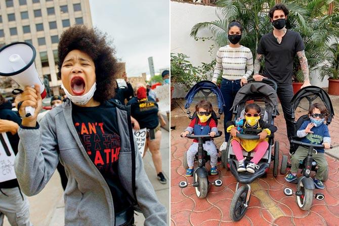 (From left) The #BlackLivesMatter protest in Colorado; Sunny Leone with family; (right) the actor. pics/pti, afp