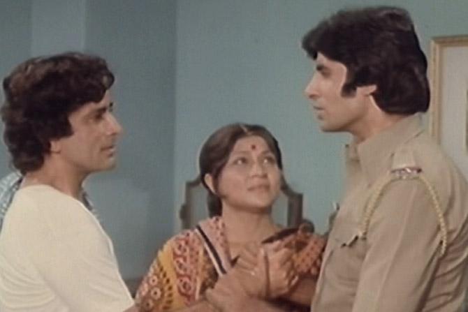 Suhaag (1979): This was another one of Manmohan Desai's lost-and-found stories. Kishan (Shashi Kapoor) and Amit (Amitabh Bachchan) are the sons of Durga (Nirupa Roy) and Vikram (Amjad Khan). A rival gangster Jaggi (Kader Khan) steals Amit and makes him a petty criminal and alcoholic. Kishan is the good boy of the film, who becomes a police officer. Full of tragedy, romance, dance, and stunts, the film has a strong moral undertone of good triumphing over evil despite the odds.
