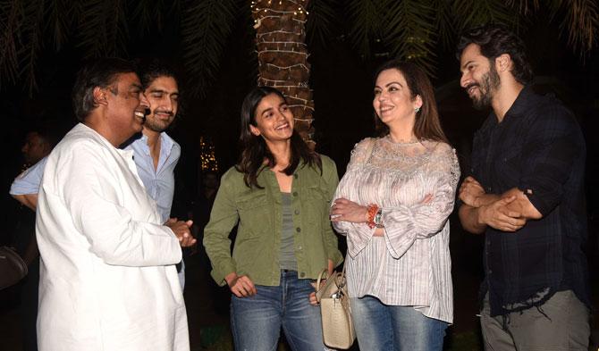In photo: Mukesh and Nita Ambani in a conversation with Alia Bhatt, Varun Dhawan, and Ayan Mukherji.





