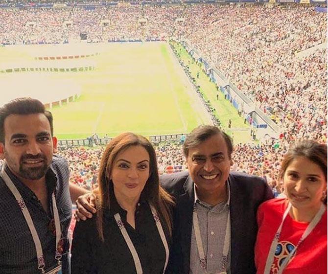 Mukesh and Nita Ambani are all smiles for the camera as the two pose with Zaheer Khan and his wife Sagarika Ghatge during a FIFA World Cup 2018 match in Russia.





