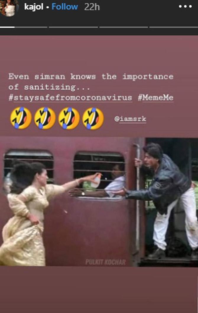 While many had their own version to beat COVID-19, Kajol left everyone in splits with her story over the weekend. Amid the coronavirus outbreak, when hygiene and sanitising are of utmost importance, DDLJ's iconic train scene was made into a meme. It features the popular snap of the train scene where SRK hangs out of the train, hand outstretched for Kajol, who runs on the platform to catch it. The difference this time is that Kajol has a bottle of sanitiser in her hand! Kajol wrote, 