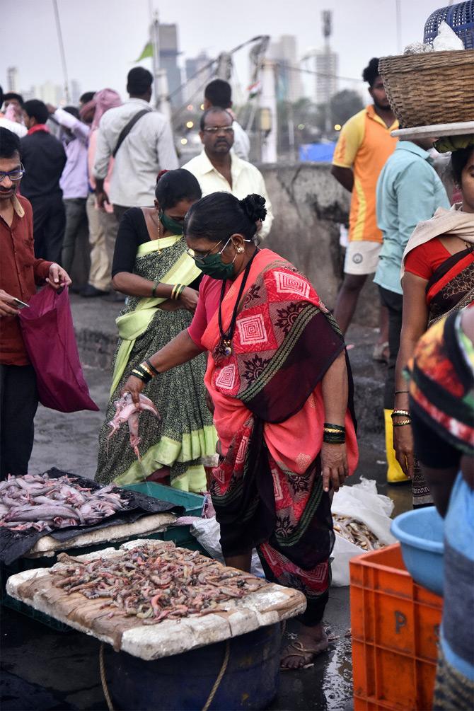 Amidst the coronavirus outbreak in the city, the Brihanmumbai Municipal Corporation (BMC) has raised the fine for spitting five-fold from Rs 200 to Rs 1,000 in order to combat the contagious pandemic which spreads due to to respiratory droplets.
In photo: A fish vendor waits patiently for customers to arrive as the Mazgaon fish market paints a deserted look.