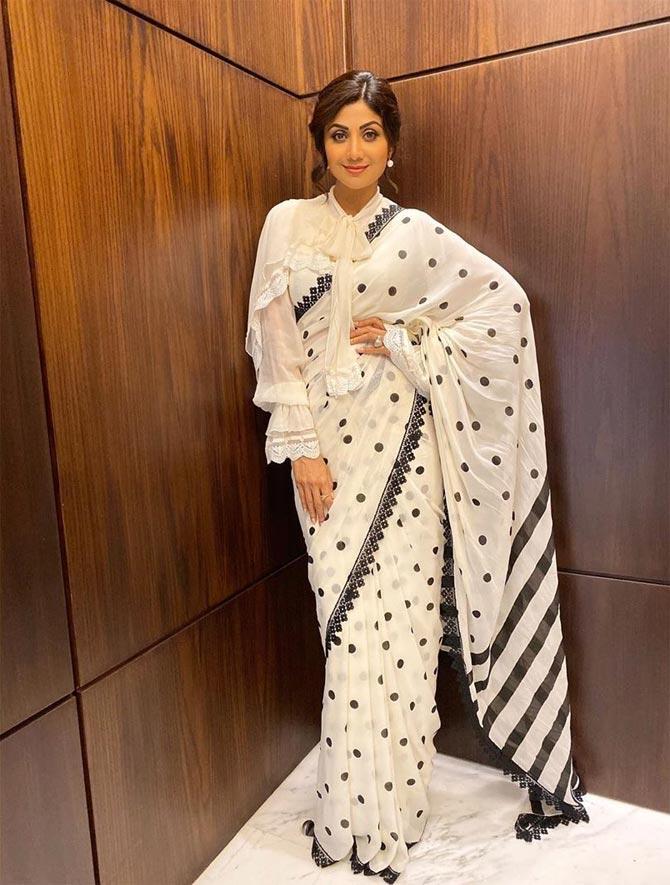 Shilpa Shetty once opted for a bow-tie blouse with a polka dot saree and shared with the fans stating, 