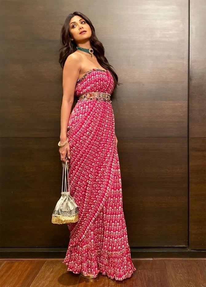 For pre-Diwali bash in 2019, Shilpa Shetty stepped on in an off-shoulder blouse with a boho touch. Her green-coloured choker is truly a winner for this outfit.