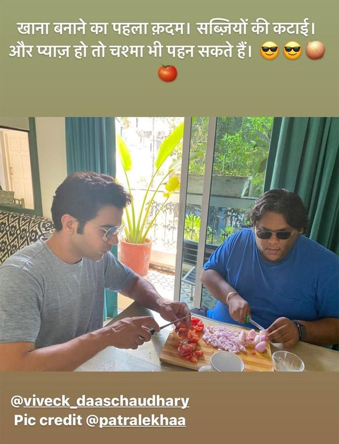 Rajkummar Rao and Patralekhaa: The star-couple turned chef during the quarantine. Filmmaker Viveck Daaschaudhary too joined in to relish a great meal. Patralekhaa shared Rajkummar's picture who is seen chopping tomatoes, while Viveck is busy chopping onions. 