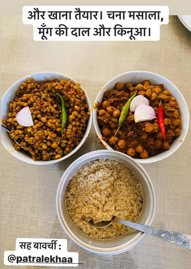 Patralekhaa then posted a delicious-looking picture of Chana masala, moong dal and quinoa. 