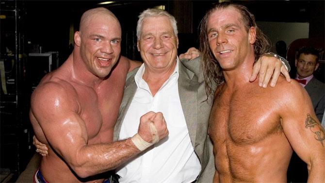 WWE superstars Kurt Angle, Pat Patterson and Shawn Michaels pose for the cameras