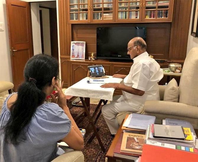 Just like other people, father-daughter duo Sharad Pawar and Supriya Sule are also working from home while being quarantined. Supriya shared this sweet picture where the father-daughter duo can be seen interacting with writers, economists and thinkers via video conferencing.
