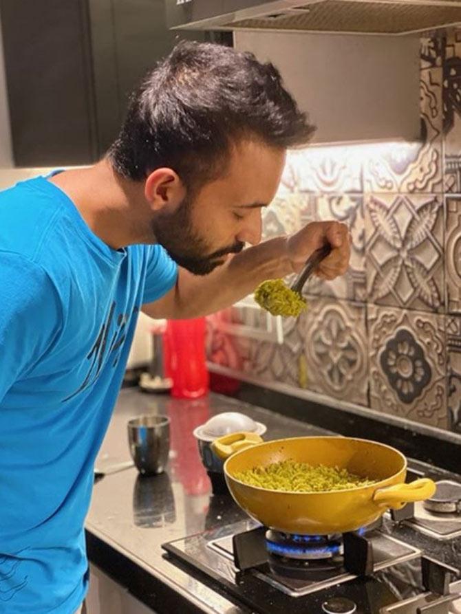 Meanwhile, Ajinkya Rahane tried his hand at cooking and it appears to be pretty successful. Rahane shared a photo of him testing his dish before he gives his wife a taste of it. He wrote: Today’s dinner: Coriander Rice Awaiting feedback from @radhika_dhopavkar #HomeCooking
