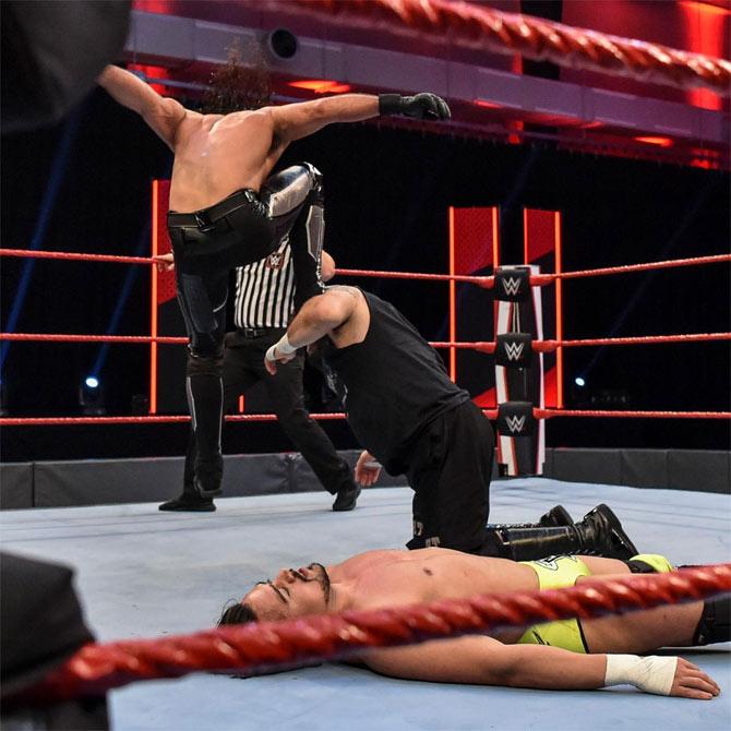 Seth Rollins began to attack Kevin Owens which led to a Stomp as he and his team were disqualified which led to Owens and Street Profits winning the match