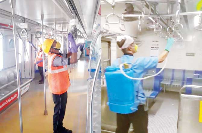 (left) Mumbai Metro employees disinfect metro cars; A railway worker sprays disinfectant using a cannon.