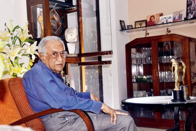 Ameen Sayani at his Churchgate home, surrounded by trophies and film jubilee mementoes marking highlights of a stellar, internationally renowned 80-year innings in the broadcast world. PIC/Pradeep Dhivar