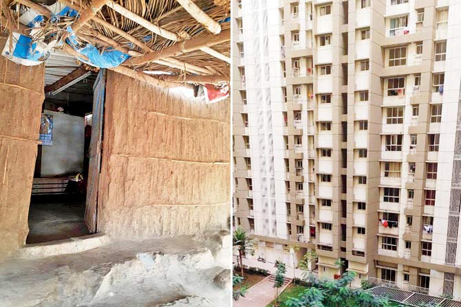The mud house Swati grew up in; (right) the high-rise she lives in today