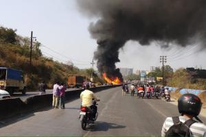 Tanker carrying chemical catches fire in Shil-Mahape Road