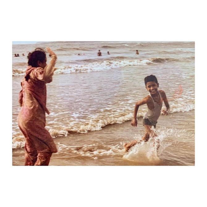 Vicky Kaushal put out a childhood throwback picture on Instagram where the actor is seen caught in a moment of mischief as he jogs at the shore of a beach, while his mother is seen scolding him. Along with the picture, Vicky wrote, 