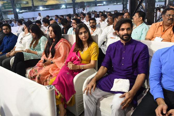 Mitali Borude was seen at an event in Mumbai when Raj Thackeray unveiled his party's new flag and offcially launched Amit Thackeray as a MNS leader.
In picture: Mitali Borude with Amit Thackeray and sister-in-law Urvashi Thackeray. Pic/Satej Shinde