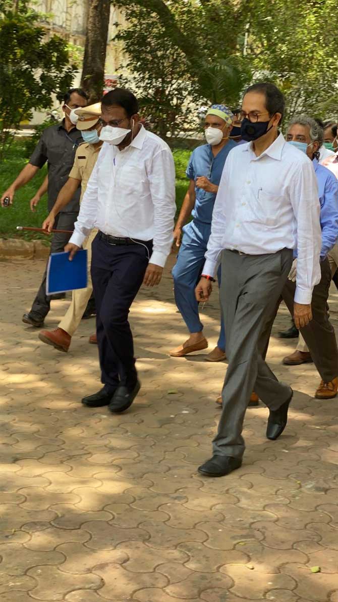 After the NSCI dome in Worli and the Nesco exhibition centre-ground in Goregaon, the BMC is taking over Wankhede stadium to convert it into a quarantine facility for high-risk asymptomatic contacts and infected emergency staff of the A Ward.
In picture: Maharashtra chief minister Uddhav Thackeray visits the quarantine facility build in NESCO COVID Care Centre in Goregaon (East) with BMC additional commissioner Sanjeev Jaiswal.