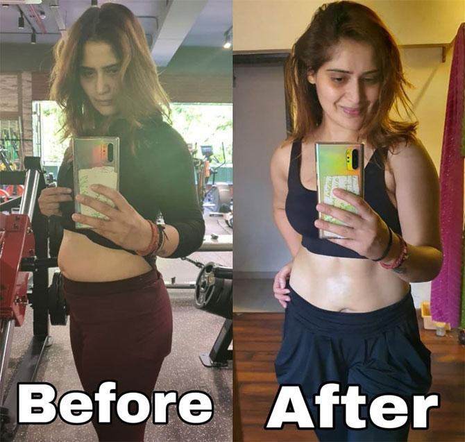 Arti Singh shared this collage to show her transformation and wrote a long post about how she lost oodles of weight since the first photo was taken on March 15. She wrote, 
