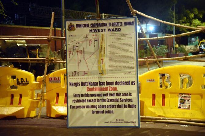 In photo: A BMC notice declares Bandra's Nargis Dutt Nagar as a COVID-19 containment area.