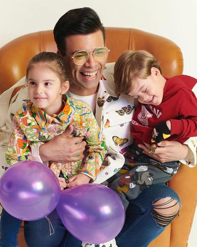 Karan Johar with his kids - Roohi and Yash, who turned five this year. The kids were born on February 7, 2017, via surrogacy.