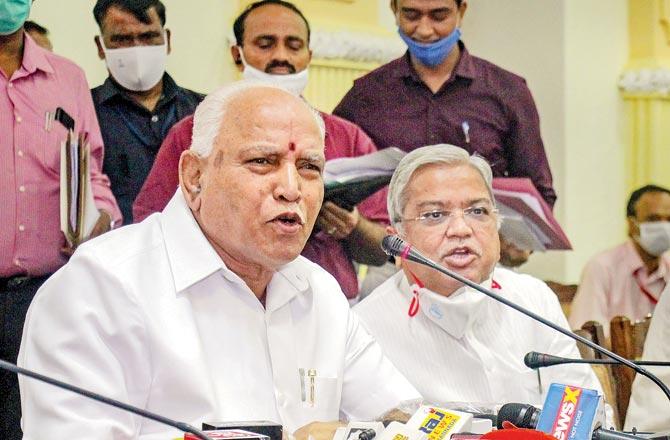 Karnataka CM, B S Yediyurappa addresses the media about the ongoing COVID-19 situation, in Bengaluru, on Wednesday. Pic/PTI
