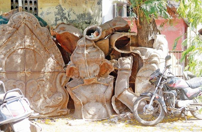 A Ganesh idol-making workshop at Chinchpokli, where work otherwise begins in May, is currently shut due to the lockdown