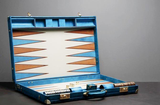 Backgammon trunk in hand-painted turquoise by Trunks Company, Jaipur