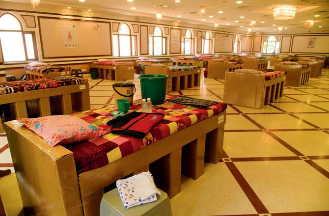 The specially crafted, laminated corrugated cardboard beds at Najam Baug can hold up to seven people