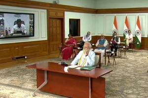 Prime Minister Narendra Modi in conversation with CMs of all states. Picture/Twitter ANI