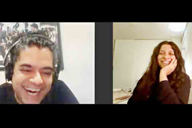 Screenshots of Mayank Shekhar and Zoya Akhtar during the online chat; (below) the Entertainment editor connects over a video call