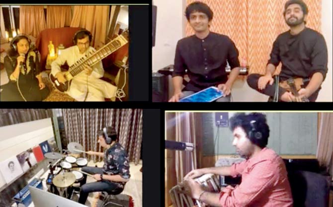 (From left) Gayatri Asokan, Purbayan Chatterjee, Mahesh Raghvan, Shravan Sridhar, Darshan Doshi, and MT Aditya Srinivasan in the video