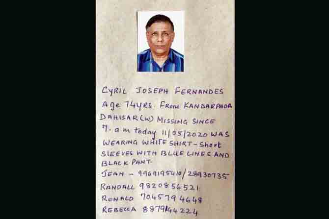 the missing person poster of Cyril Fernandes that his family has put out