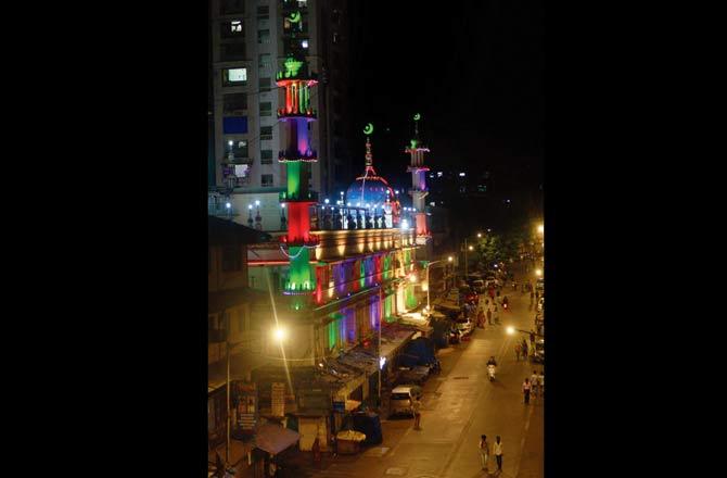 A masjid light up with decorative lights at Mohammad Ali Road on Sunday. Pic/Ashish Raje